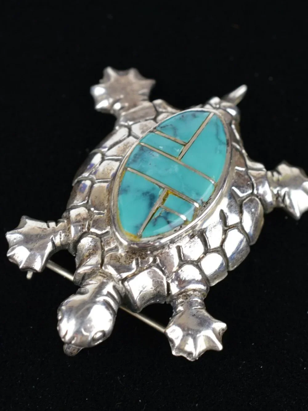 Vintage Sterling Silver Mosaic Turquoise Inlay Turtle Pin Pendant Brooch 12.6g